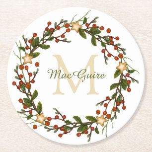Dessous-de-verre Rond En Papier Couronne de Noël élégante monogramme initiale