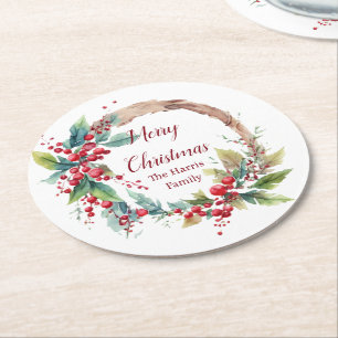 Dessous-de-verre Rond En Papier Couronne de Noël personnalisée à l'aquarelle avec 
