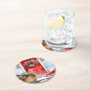 Dessous-de-verre Rond En Papier Couronne de Noël rouge rustique vintage pour porte