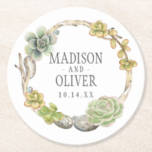 Dessous-de-verre Rond En Papier Couronne de succulents, de brindilles et de pierre
