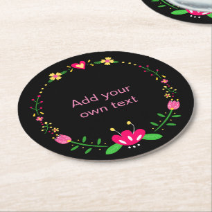 Dessous-de-verre Rond En Papier Couronne florale de texte personnalisé sur fond no