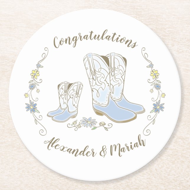 Dessous-de-verre Rond En Papier Cowboy Baby shower Pays Western Blue Boy (Devant)