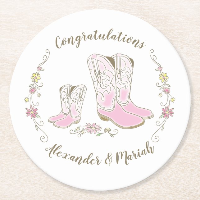 Dessous-de-verre Rond En Papier Cowgirl Pays Western Thème Pink Baby shower (Devant)