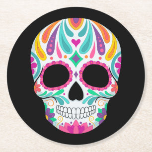 Dessous-de-verre Rond En Papier Crâne en sucre fleuri fantaisie