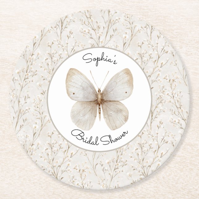 Dessous-de-verre Rond En Papier Cream White Floral Butterfly Bridal Shower     (Devant)
