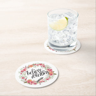 Dessous-de-verre Rond En Papier Croyez en vos rêves Oiseau rose Floral