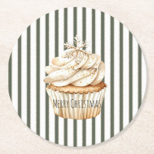 Dessous-de-verre Rond En Papier Cupcake de Noël Olive Cream Stripes Flocon de Neig