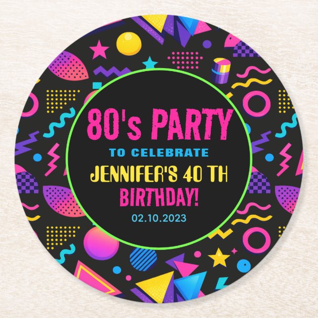 Dessous-de-verre Rond En Papier Custom Retro Neon 80’s Birthday – Fun Adult  (Devant)