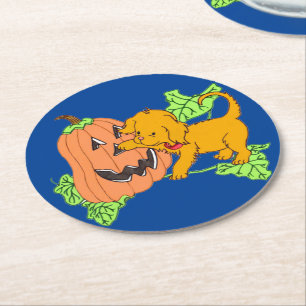 Dessous-de-verre Rond En Papier Cute Citrouille Halloween et Chiot