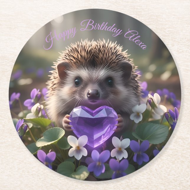 Dessous-de-verre Rond En Papier Cute February Hedgehog with Amethyst Heart (Devant)