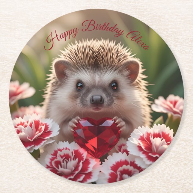 Dessous-de-verre Rond En Papier Cute January Hedgehog with Garnet Heart (Devant)