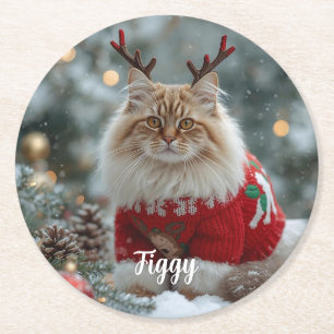 Dessous-de-verre Rond En Papier Cute Norwegian Forest Chat Noël Personnalisé