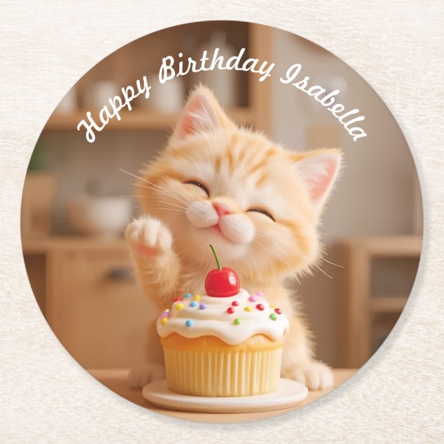 Dessous-de-verre Rond En Papier Cute Orange Kitten avec un Cupcake (Devant)