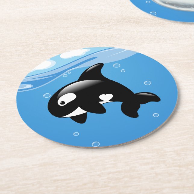 Dessous-de-verre Rond En Papier Cute Orca Whale on Blue (Incliné)