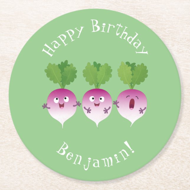 Dessous-de-verre Rond En Papier Cute turnip légumes trio chanter dessin animé (Devant)