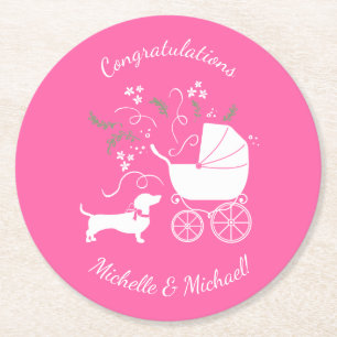 Dessous-de-verre Rond En Papier Dachshund Wiener Chien Baby shower fille rose
