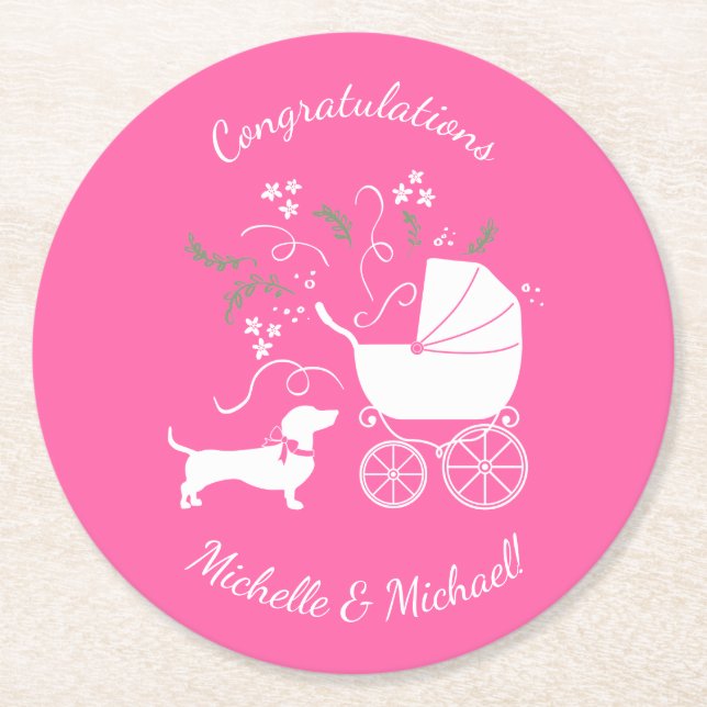 Dessous-de-verre Rond En Papier Dachshund Wiener Chien Baby shower fille rose (Devant)