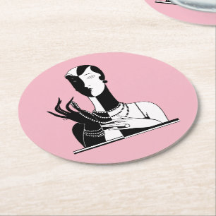 Dessous-de-verre Rond En Papier Dame Art Déco vintage Aux Perles Blanches