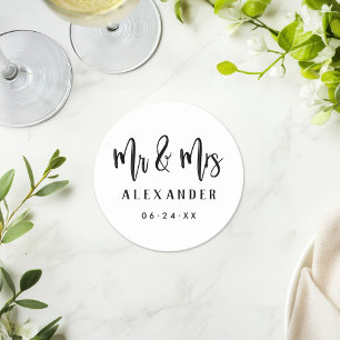 Dessous-de-verre Rond En Papier Date de mariage écriture brossée Monsieur et Madam