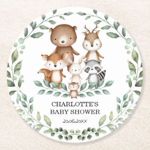 Dessous-de-verre Rond En Papier Décor Baby shower animal de verdure boisée moderne