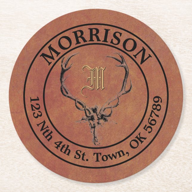 Dessous-de-verre Rond En Papier Deer Antlers Faux Modèle d'adresse en cuir (Devant)