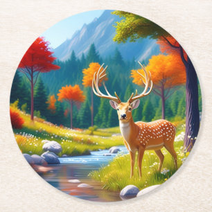 Dessous-de-verre Rond En Papier Deer d'or debout dans la forêt-987679