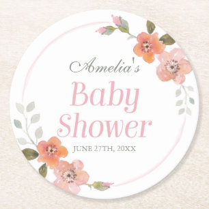 Dessous-de-verre Rond En Papier Délicat Baby shower floral rose fille