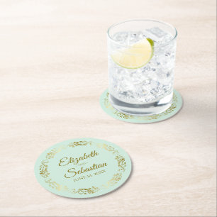 Dessous-de-verre Rond En Papier Dentelle d'or sur Pale Mint Green Mariage élégant