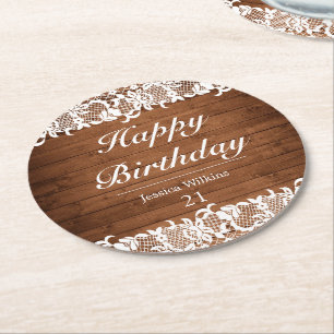 Dessous-de-verre Rond En Papier Dentelle rustique et blanche Joyeux anniversaire