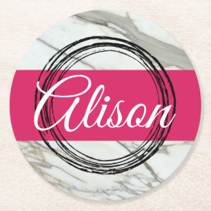 Dessous-de-verre Rond En Papier Design en marbre minimal ajouter le texte du nom