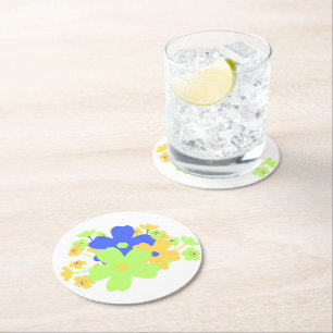 Dessous-de-verre Rond En Papier Design floral élégant en bleu jaune vert