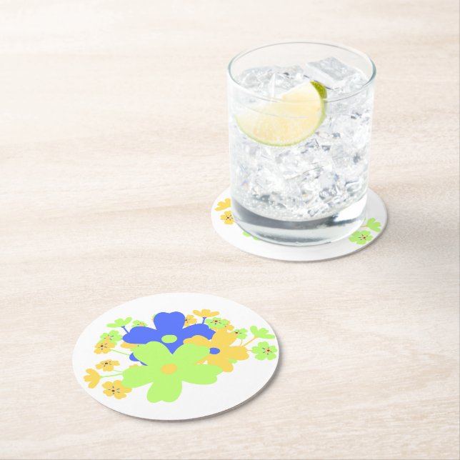 Dessous-de-verre Rond En Papier Design floral élégant en bleu jaune vert (En situation)
