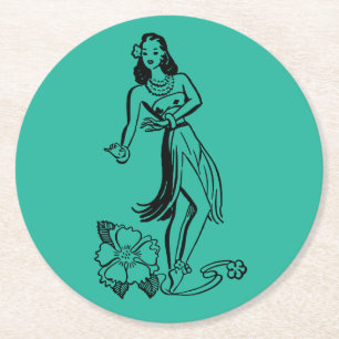 Dessous-de-verre Rond En Papier Dessin de Hula Dancer vintage Tiki Bar ou Luau