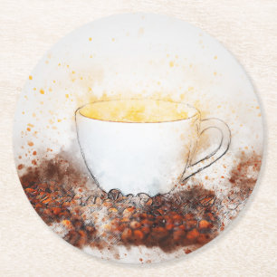 Dessous-de-verre Rond En Papier Dessin d'une Hot Cup de café parmi les fèves de ca