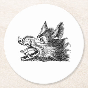 Dessous-de-verre Rond En Papier Dessin tête de sanglier vintage en noir et blanc