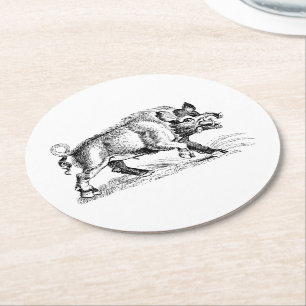 Dessous-de-verre Rond En Papier Dessin vintage de sanglier en noir et blanc #2