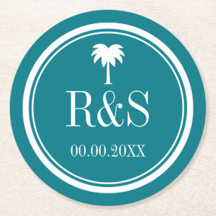 Dessous-de-verre Rond En Papier Dessous de verre de mariage de monogramme de bleu