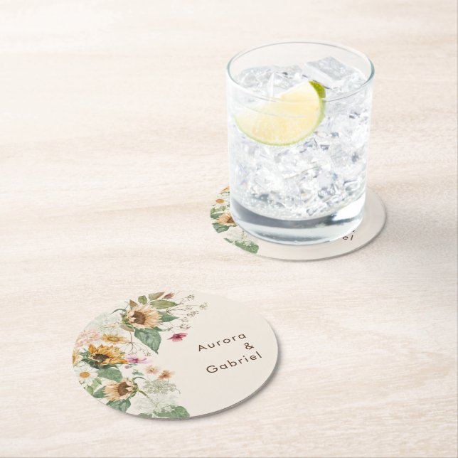 Dessous-de-verre Rond En Papier Dessous de verre de papier Mariage beige tournesol (En situation)