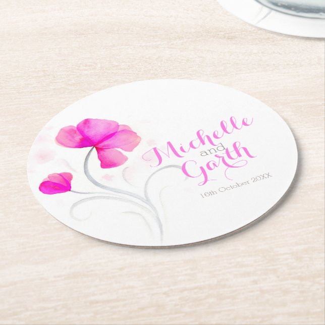 Dessous-de-verre Rond En Papier dessous de verre en papier rose fleur mariage (Incliné)