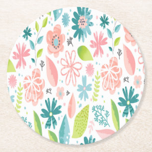 Dessous-de-verre Rond En Papier Dessous de verre floral rose et sarcelle
