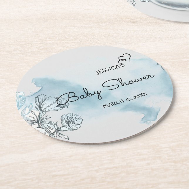 Dessous-de-verre Rond En Papier Dessous de verre papier rond Baby shower aquarelle (Incliné)