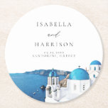 Dessous-de-verre Rond En Papier Destination Skyline SANTORINI GRÈCE<br><div class="desc">La collection Santorini présente des aquarelles de la côte de Santorin avec un élégant mélange classique de polices. Cette collection est parfaite pour votre voyage ou événement à thème de destination.</div>