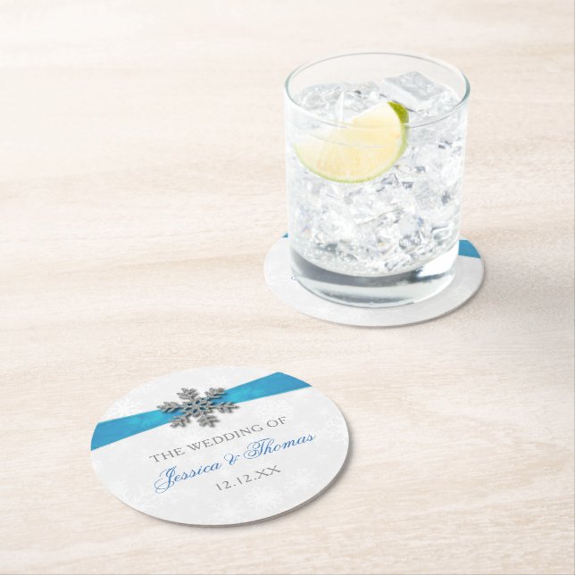 Dessous-de-verre Rond En Papier Diamante Snowflake & Blue Ribbon Mariage d'hiver (En situation)