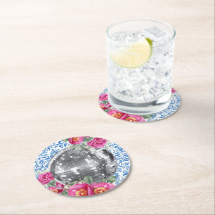 Dessous-de-verre Rond En Papier Disco Ball rose Floral Carrelage bleu