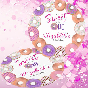 Dessous-de-verre Rond En Papier Donut Rose sucré pour être un premier anniversaire