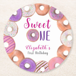 Dessous-de-verre Rond En Papier Donut rose sucré un premier anniversaire personnal