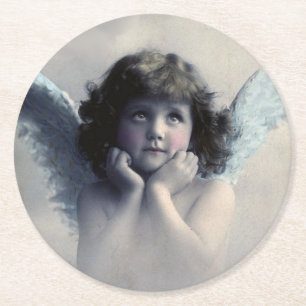 Dessous-de-verre Rond En Papier Douce ange vintage aux joues roses dans les nuages