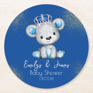 Dessous-de-verre Rond En Papier Douce Ourson Royal Bleu Baby Shower