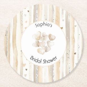 Dessous-de-verre Rond En Papier Douche de Mariée Cœurs et Rayures Blanc Crème