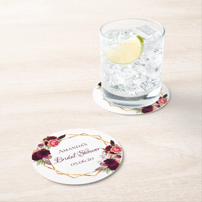 Dessous-de-verre Rond En Papier Douche nuptiale fleurs bordeaux or géométrique (En situation)